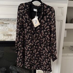 Frank & Oak Black Cream Floral Button Down Mini Dress NWT Medium Boho